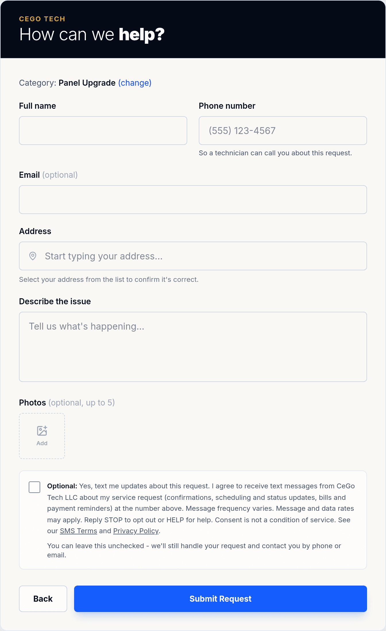 Screenshot of the CeGo Tech service request form showing the separate, unchecked, optional SMS consent checkbox above the Submit button